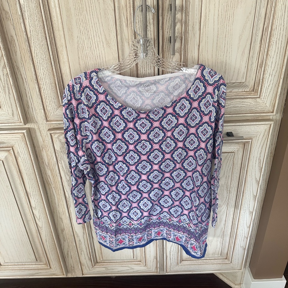 Talbots Woman Blue and Pink Geometric 3/4 Sleeve Boho shirt